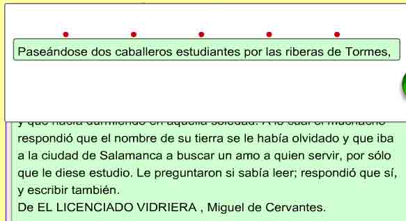 Texto con una cartulina superpuesta con una ranura que deja ver una línea de texto. Sobre la ranura hay unos puntos rojos espaciados para señalar los golpes de vista.