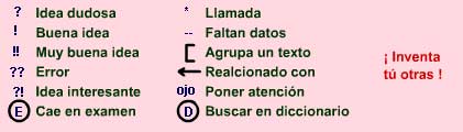 Símbolos útiles para utilizarlos en las anotaciones marginales