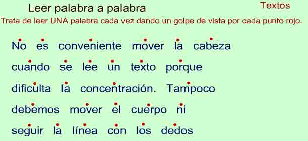 Texto en que cada palabra tiene un punto rojo encima para leerlo de un golpe de vista