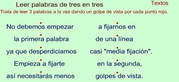 Texto en que cada tres palabras tienen un punto rojo encima para leerlo de un golpe de vista