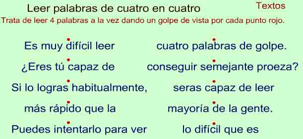 Texto en que cada cuatro palabras tienen un punto rojo encima para leerlo de un golpe de vista