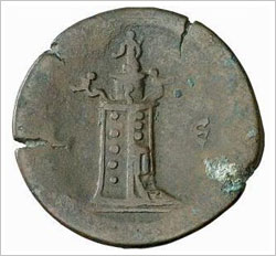 El faro de Alejandría reflejado en una moneda romana del siglo II d. C.