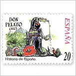 Sello de correos con la imagen de Don Pelayo escanciando la bebida típica de Asturias