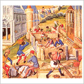 Fragmento de la construcción de una catedral (siglo XIV). Manuscrito de la Biblioteca Nacional de Francia