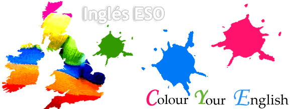 encabezado de aplicacin: mapa coloreado de islas britnicas, junto a manchas de pintura y el ttulo de Colour Your English, a la derecha chica vestida de negro.