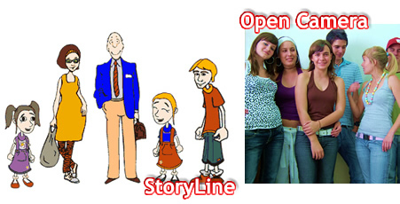 A la izquierda dibujo de la familia de Brian (padre, madre, dos hermanas y Brian), sobre impreso el texto StoryLine. A la derecha fotografa con 6 de los alumnos que han colaborado en varios de los videos educativos, sobre impreso el texto Open Camera.